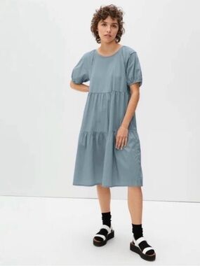 Everlane Tiered Short-Sleeve Midi Dress in Dusty Blue